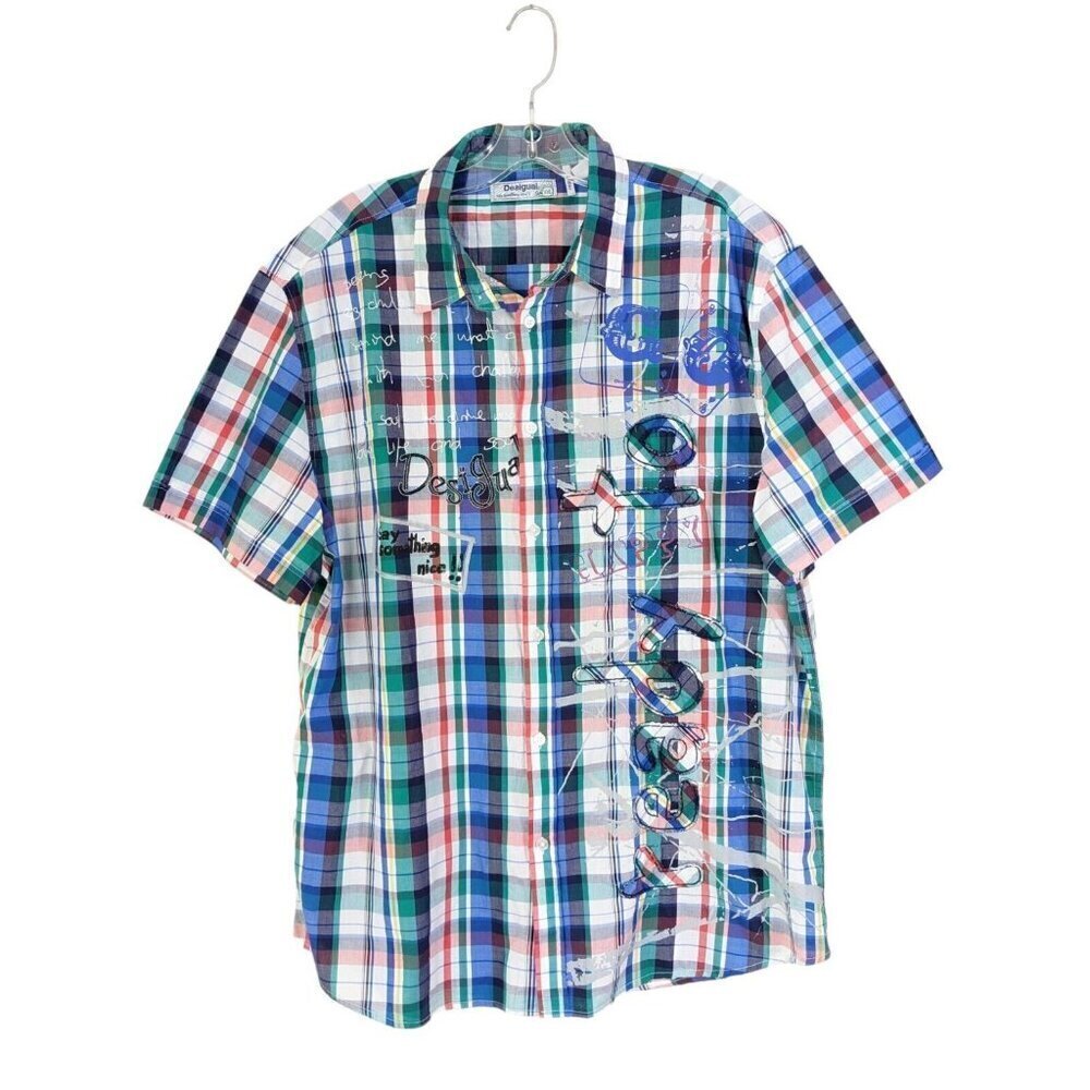 Desigual Art To Wear Button Up Shirt Mens XXL Blue Plaid Cotton Short Sleeve